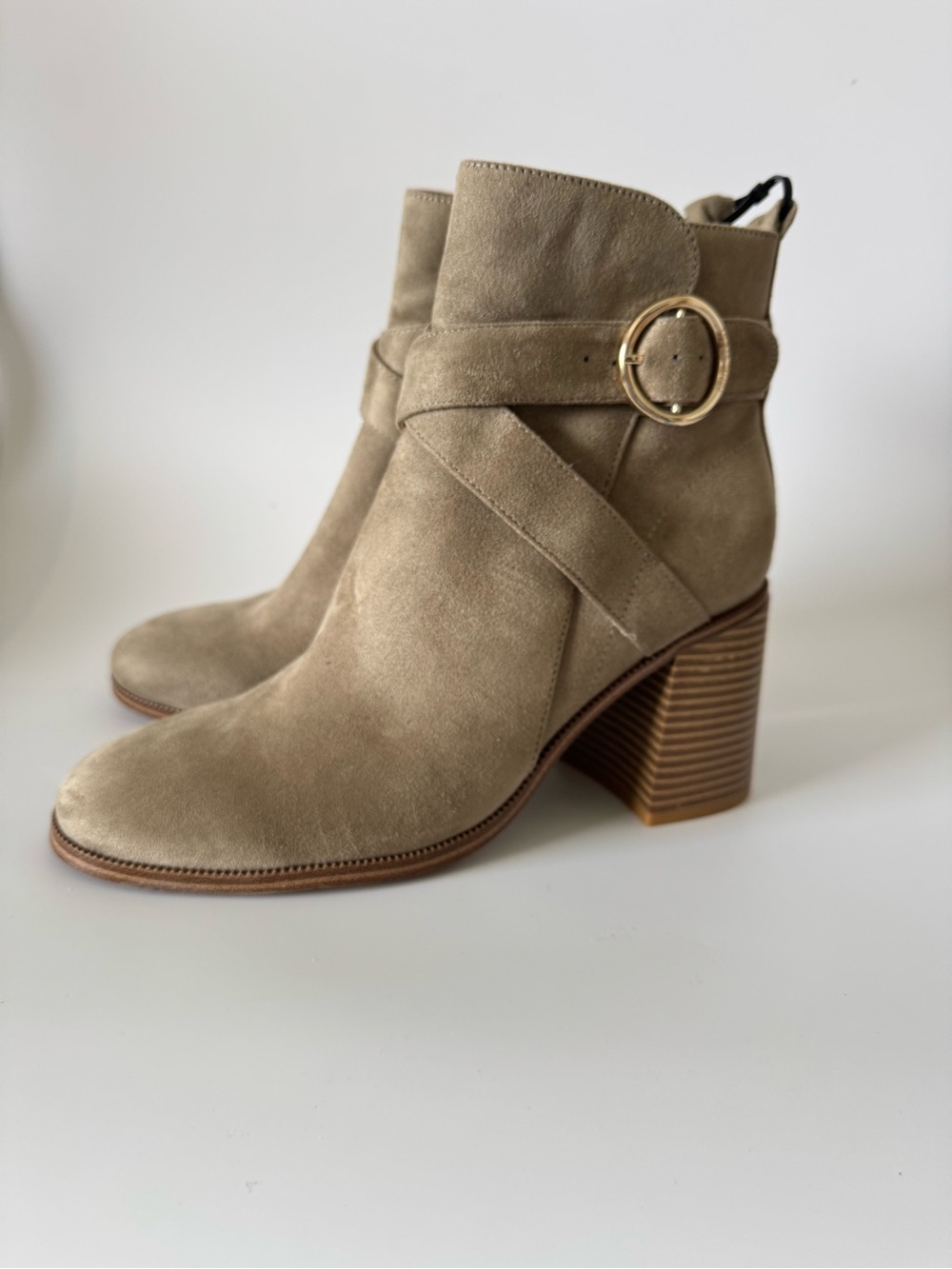 Nine West Taupe Suede Wrap-Strap Ankle Boots with Gold Buckle